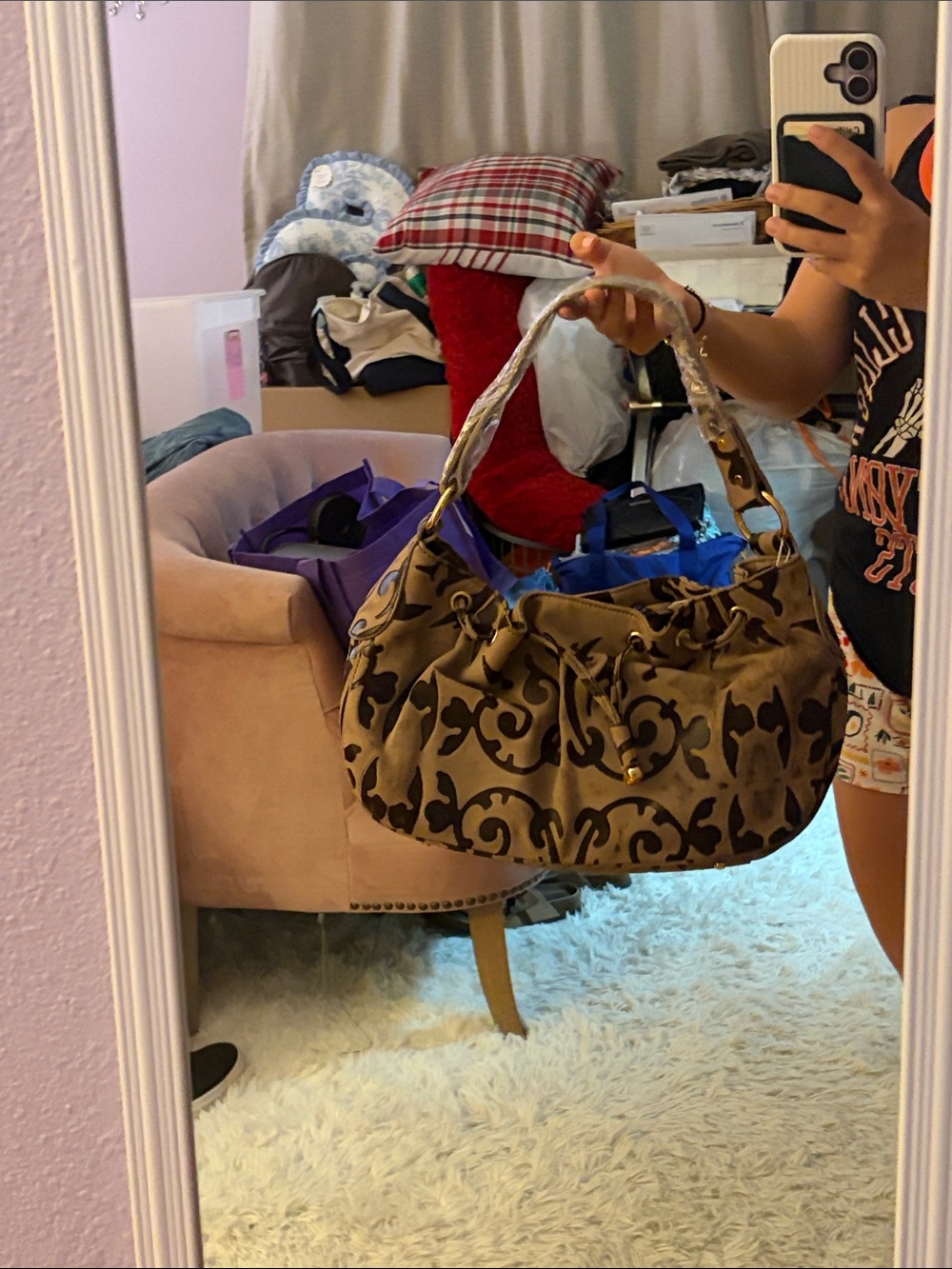 Brown Patterned Shoulder Hobo Bag with Scroll Motif
